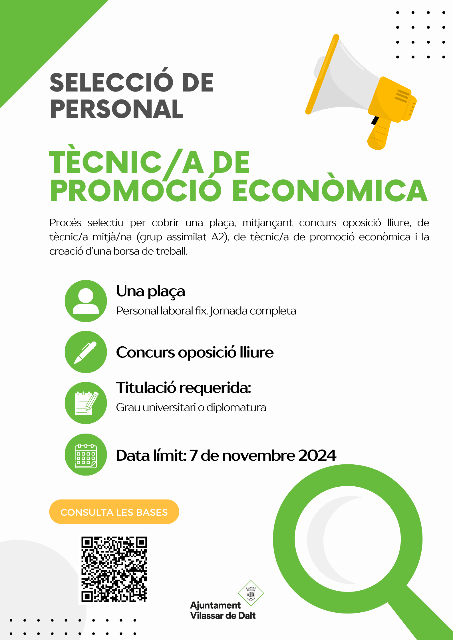 Proc&eacute;s selectiu per cobrir un lloc de treball de t&egrave;cnic/a de promoci&oacute; econ&ograve;mica de l'Ajuntament de Vilassar de Dalt