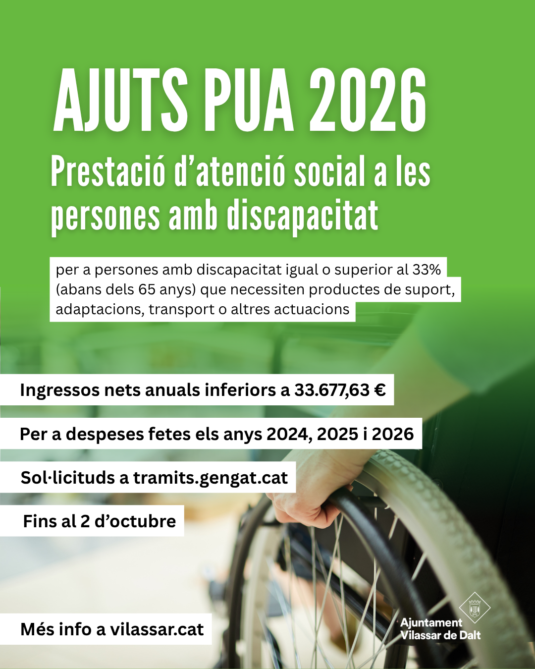 Obert el termini per sol&middot;licitar la Prestaci&oacute; d'atenci&oacute; social a les persones amb discapacitat (PUA) 2026